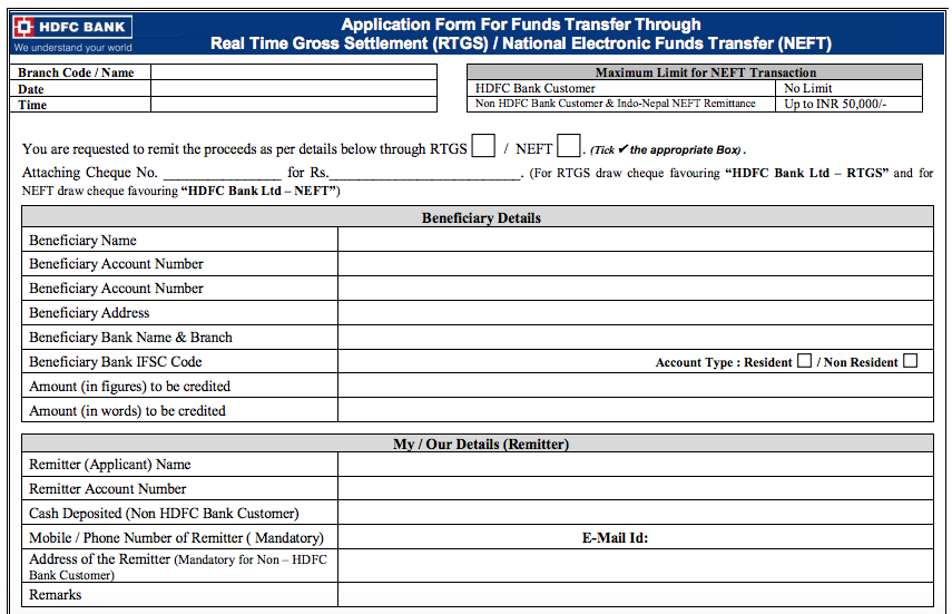 HDFC Bank NEFT Form