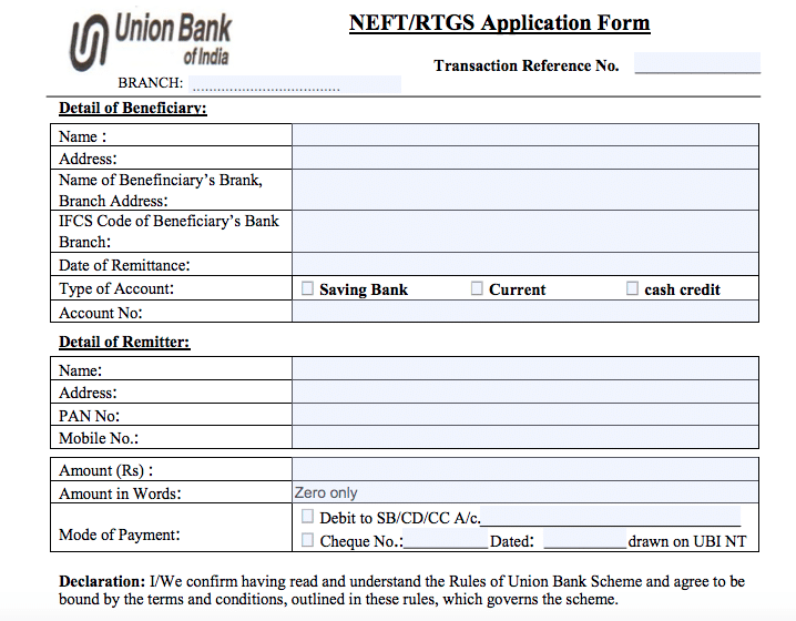 UBI NEFT RTGS Form