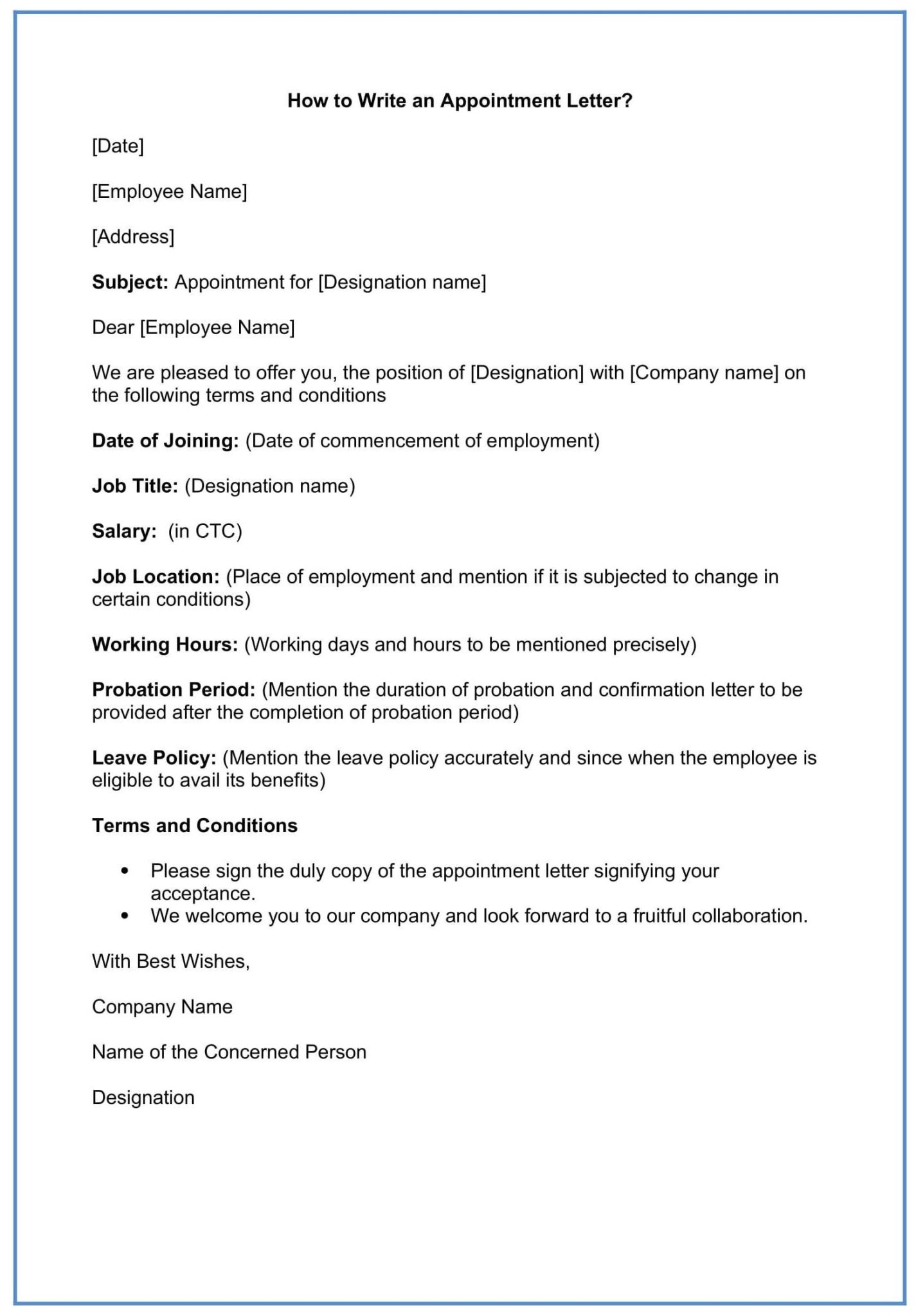 Appointment Letter Format in word with Terms and Conditions